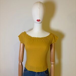 3 Girls Clothing Mustard Yellow Ribbed Off-The-Shoulder Crop Top - XS